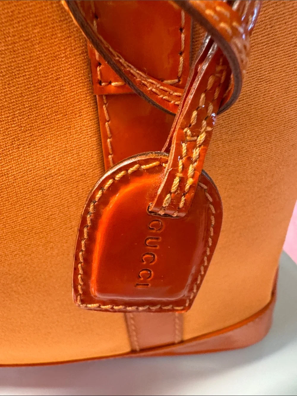 Gucci Coral Canvas & Orange Patent Leather TopZip Satchel/Crossbody Bamboo Pulls